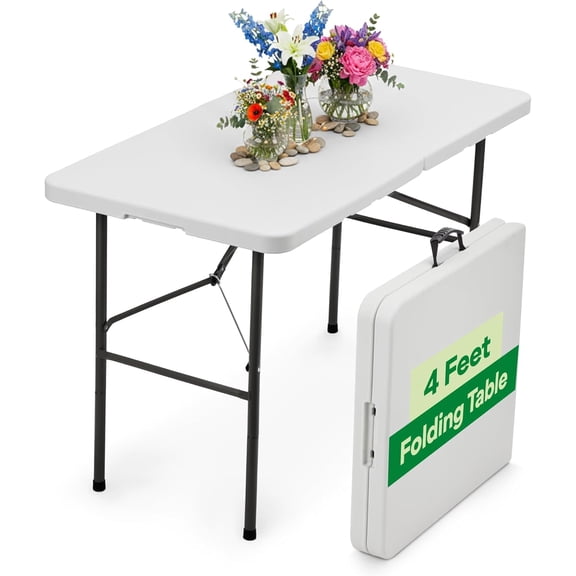 EconoHome White 4ft Folding Table with Handle | Heavy-Duty Foldable Table | Portable Table for Indoor & Outdoor Use | Perfect for Events, Camping, Parties, Dining & More