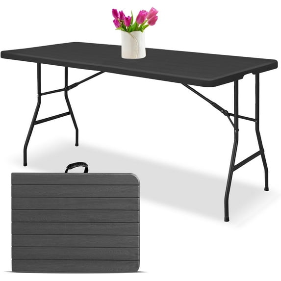 EconoHome Woodgrain 6ft Folding Table with Handle | Heavy-Duty Foldable Table | Portable Table for Indoor & Outdoor Use | Perfect for Events, Camping, Parties, Dining & More
