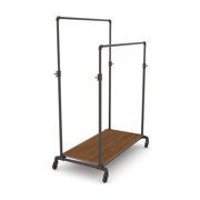 Econoco PSBBLLADJKBN Pipeline Adjustable Double Bar Ballet Rack with Base Shelf - Anthracite Grey Rack with Dark Brown Wood Grain Base Shelf