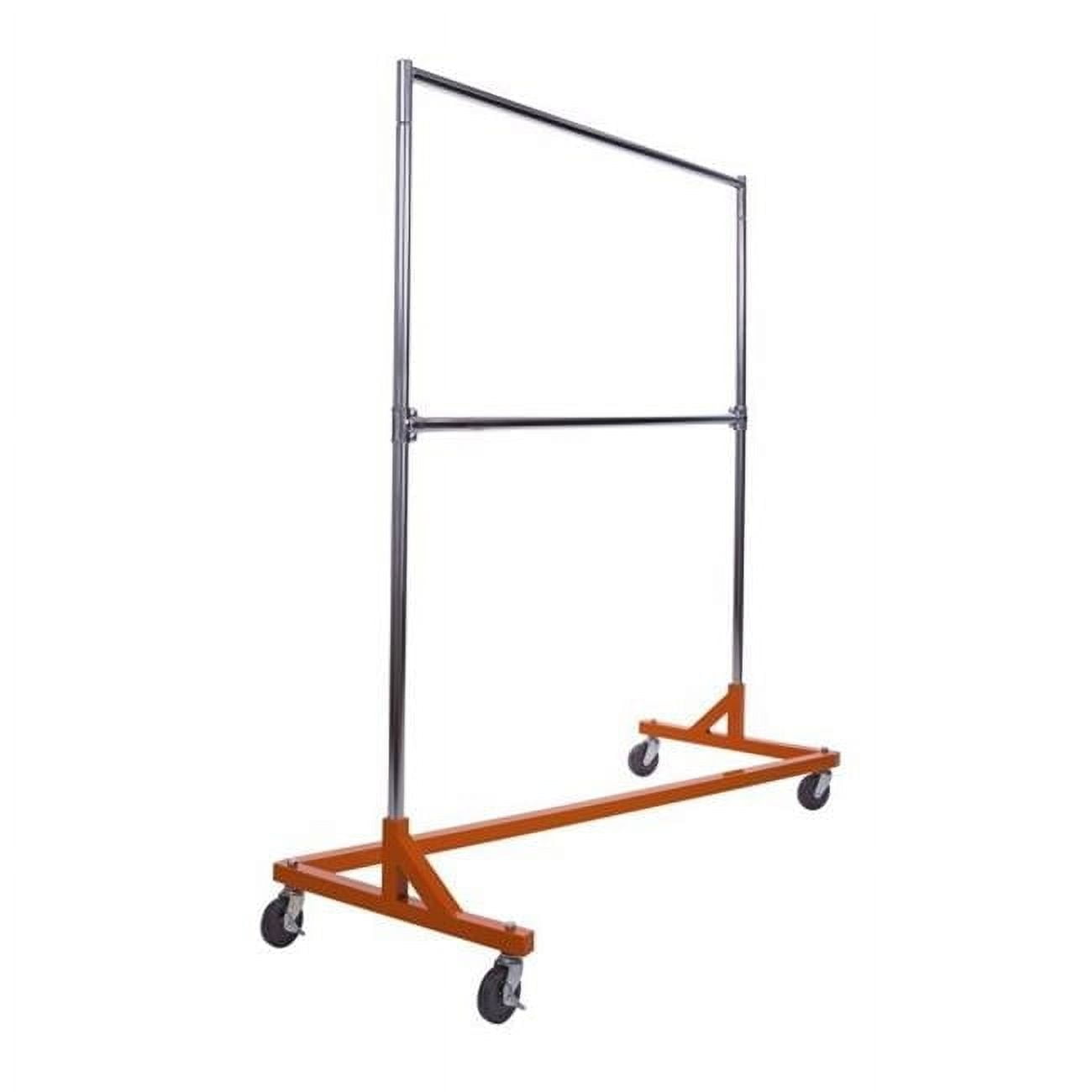 Econoco Rolling Garment Rack with Orange Z-Base, Chrome Hangrail and uprights, and add-on hangrail included