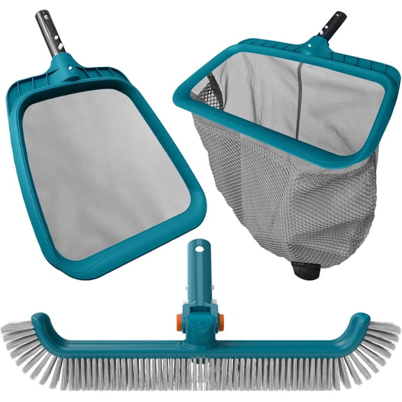 Economy Swimming Pool Cleaning Kit - Fine Mesh Deep Pool Rake & Leaf Skimmer Net, Rotatable Pool Brush Head for Cleaning Above Ground & Inground Pools (No Pole)