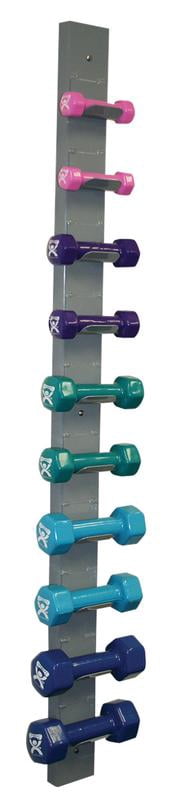 Economy vinyl-coated iron dumbbell, 10 pc set w/wall rack (2 ea: 1-5 lb)