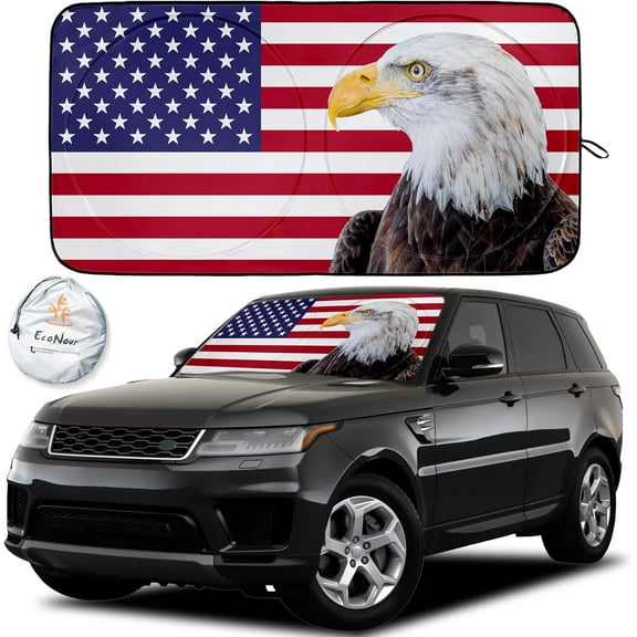 EcoNour American Flag Car Sunshade 64x34 inches UV & Heat Protection Windshield