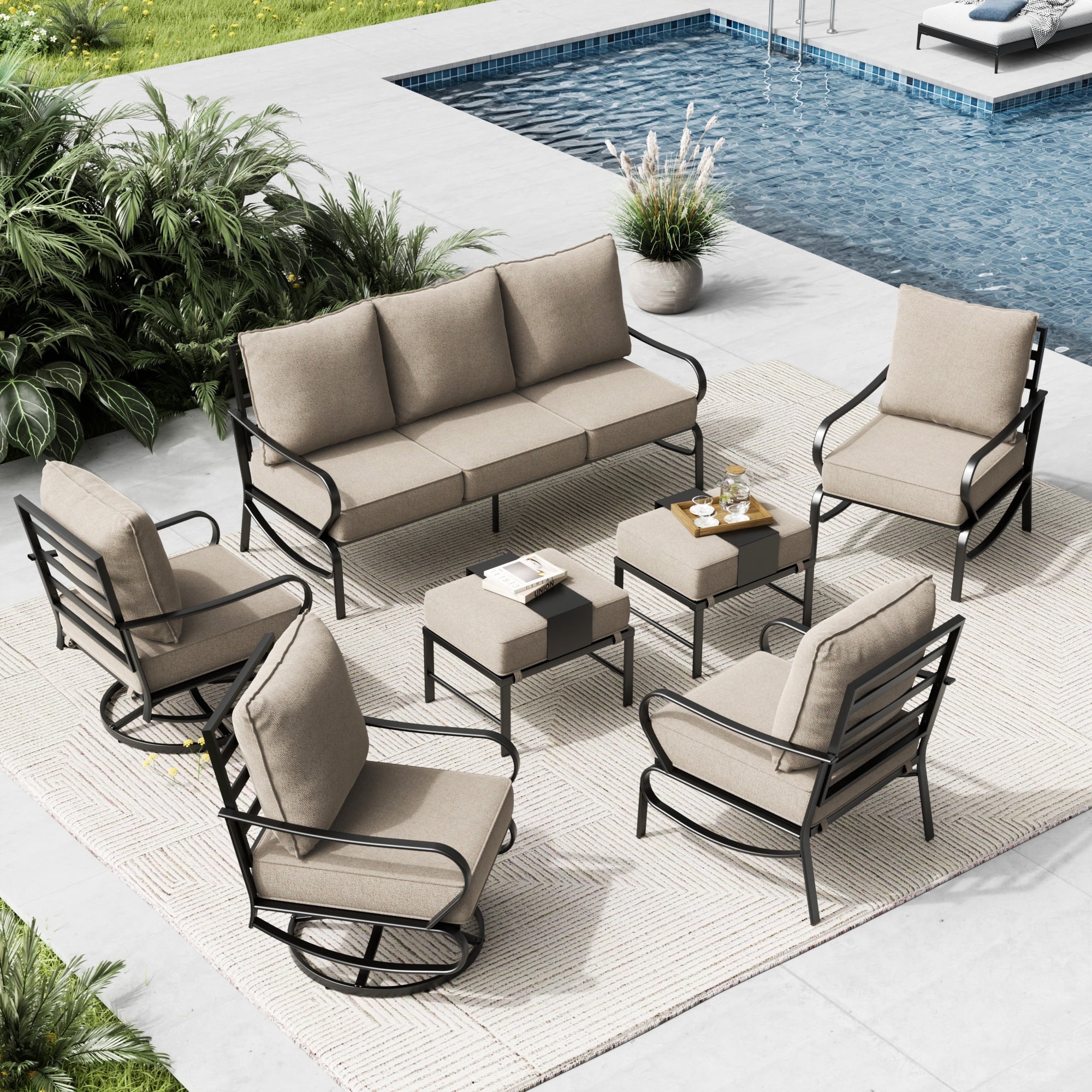 Ecopatio 7 Metal Classic Style Outdoor Conversation Sets with Chairs, Khaki