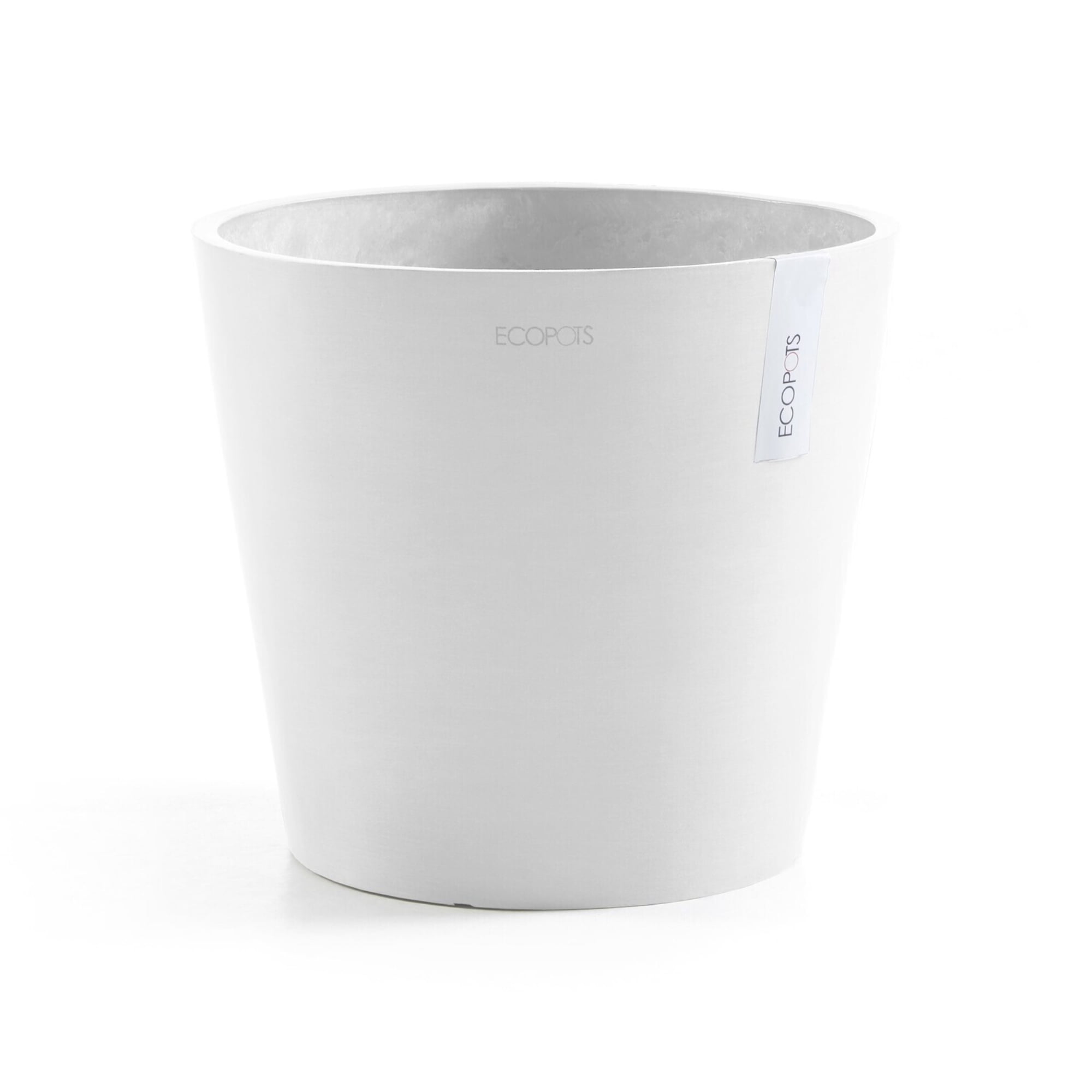 Ecopots 10" x 9.75" Round White Plastic Plant Planter with Drainage Holes
