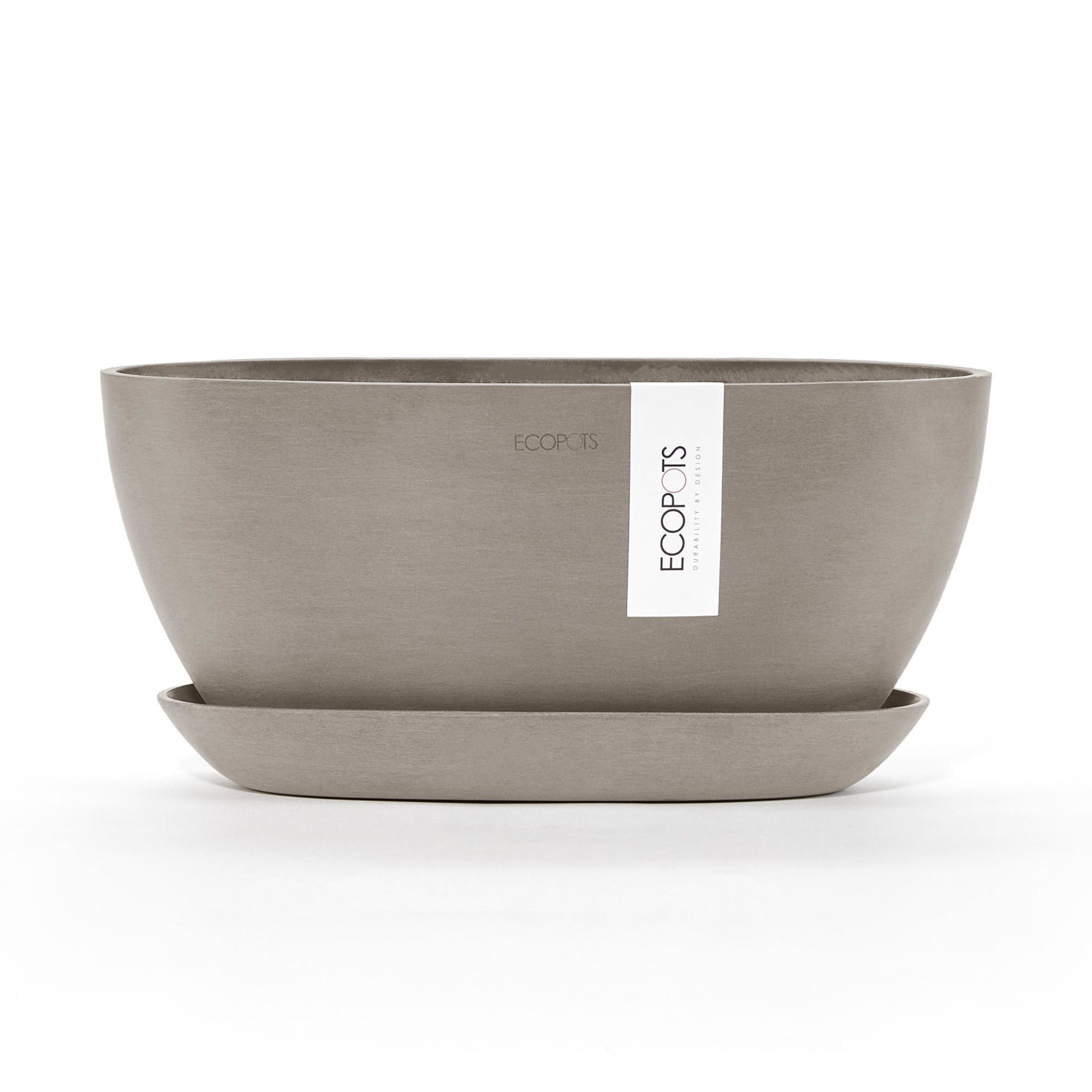 Ecopots Sofia Durable Modern Oval Indoor/Outdoor Recycled Based Composite Flower Pot Planter w/ Water Reservoir, Taupe, 12"