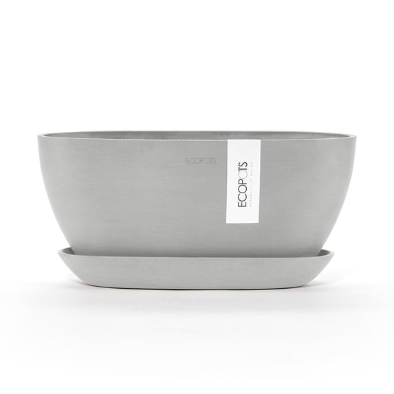 Ecopots Sofia Durable Modern Oval Indoor/Outdoor Recycled Based Composite Flower Pot Planter w/ Water Reservoir, White Grey, 12"