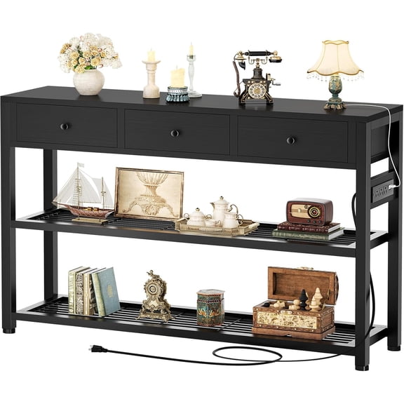 Ecopriso 47'' Entryway Table with Outlets and USB Ports, Console 3 Drawers, Sofa Narrow Long Storage Shelves for Living Room, Couch, Hallway, Foyer, Kitchen Counter,