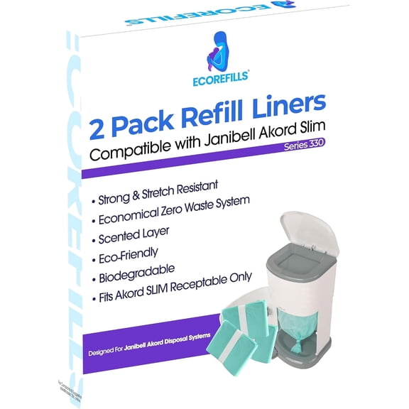 Ecorefills Refill Liners Compatible with Janibell Akord 330 Adult Diaper Pail, Odor Resistant Disposal Bags, Easy Cut & Tie, 2 Pack