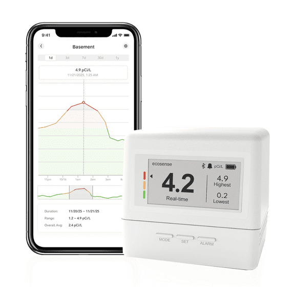 Ecosense EcoQube Flex Smart Radon Detector - Battery Powered Continuous Monitor with Display & App