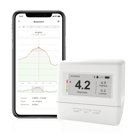 Ecosense EcoQube Flex Smart Radon Detector - Battery Powered Continuous Monitor with Display & App