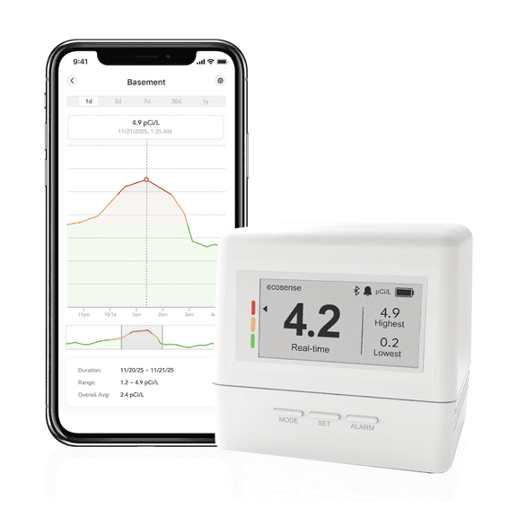 Ecosense EcoQube Flex Smart Radon Detector - Battery Powered Continuous Monitor with Display & App