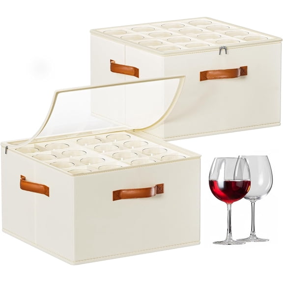 Ecoskio Wine Glass Storage Box with Dividers, 2 Pack Glassware Storage Containers, Stemware Storage Cases Holds 32 Wine Glasses, Stackable Crystal Storage Containers with Clear Cover for Moving,Beige