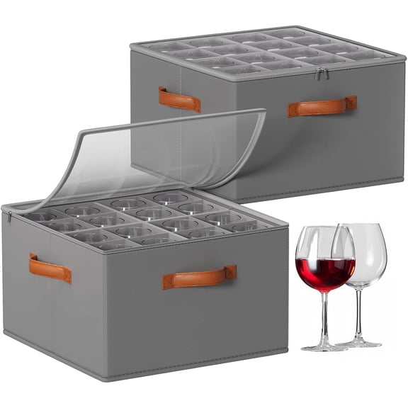 Ecoskio Wine Glass Storage Box with Dividers, 2‑Pack Stackable Stemware Case, Holds 32 Glasses with Clear Cover, Gray
