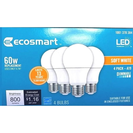 Ecosmart 60w Watt A19 Med Base Dimmable LED Light Bulbs 4 Pack, Soft White