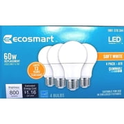 Ecosmart 60w Watt A19 Med Base Dimmable LED Light Bulbs 4 Pack, Soft White