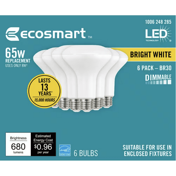 EcoSmart 65-Watt Equivalent BR30 Dimmable LED Flood Light Bulb Bright White (6-Pack)