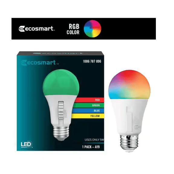 EcoSmart 5-Watt Equivalent A19 Color Changing Party E26 Medium Base LED Light Bulb (1-Pack)