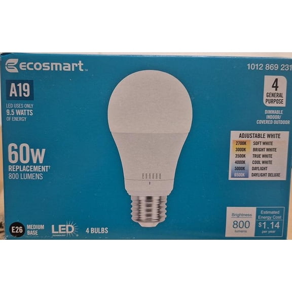 Ecosmart A19 LED Light Bulb 9.5W (60W Equivalent) Adjustable White Dimmable 4 Pack