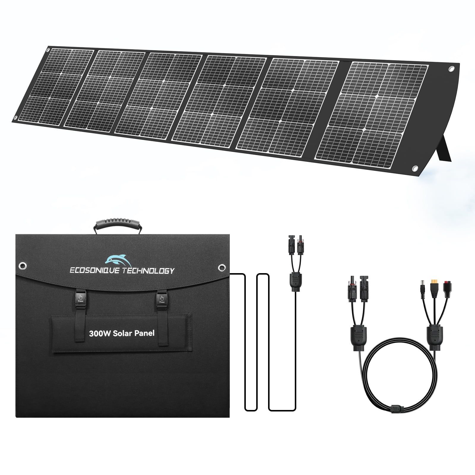 Ecosonique 300W Portable Solar Panel for Most Power Stations, Foldable & Lightweight Solar Suitcase with Kickstands, 40V MC4 & Multi-Output for Solar Generators, RVs, Camping, and Outdoor Use