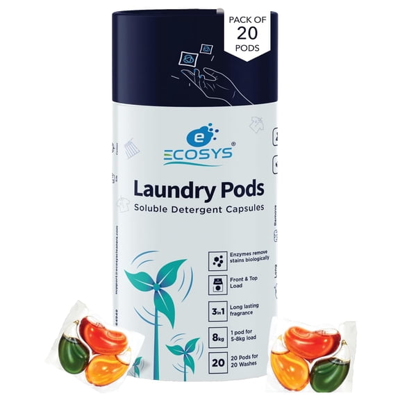 Ecosys 3-in-1 Dissolvable Magic Laundry Pods for 20 washes:Bioenzymes Infused,Tough Stain Fighter for Top & Front Load with Floral Aroma,1 Pod = 1 Wash for 5-7kg