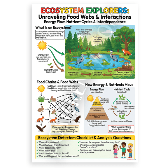 Ecosystem Explorers Food Webs Energy Flow Nutrient Cycles Educational 12x18 US Made Poster