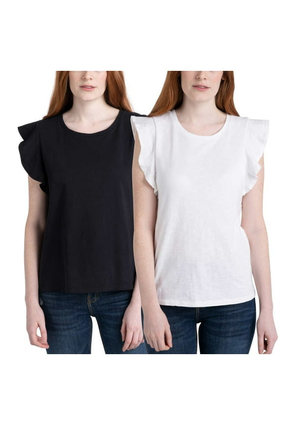 Ecothreads Women's 2-pack Flutter Sleeve Soft Organic Cotton Tee Top-Black / 2X