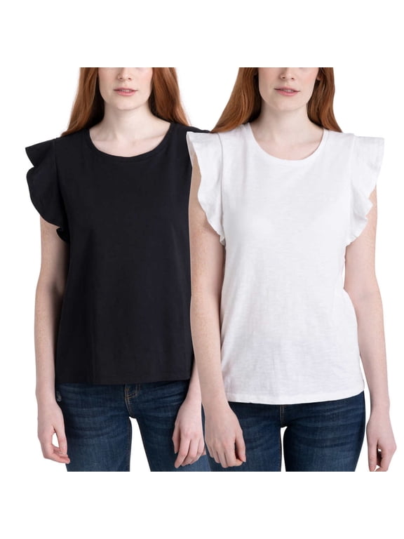 Ecothreads Women's 2-pack Flutter Sleeve Soft Organic Cotton Tee Top-Black / 2X
