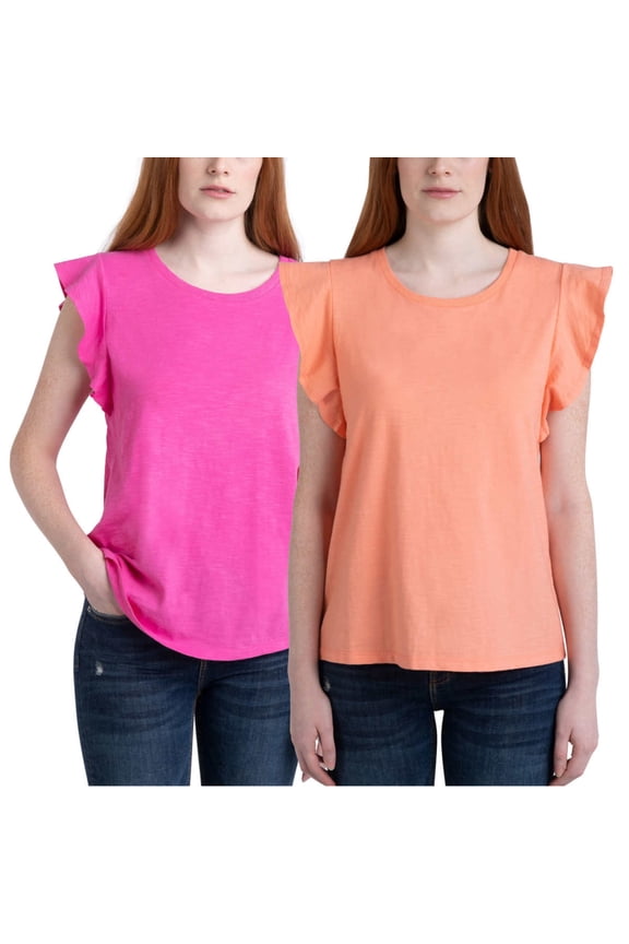 Ecothreads Women's 2-pack Flutter Sleeve Soft Organic Cotton Tee Top-Pink / S