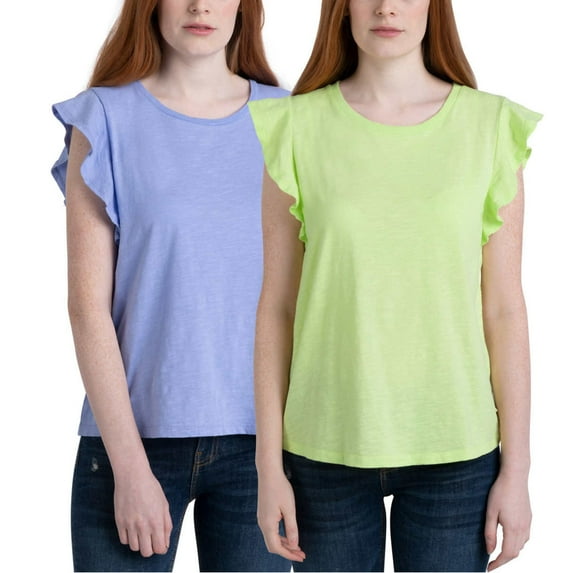 Ecothreads Women's 2-pack Flutter Sleeve T-Shirt Soft Organic Cotton Tee Top-Blue / L