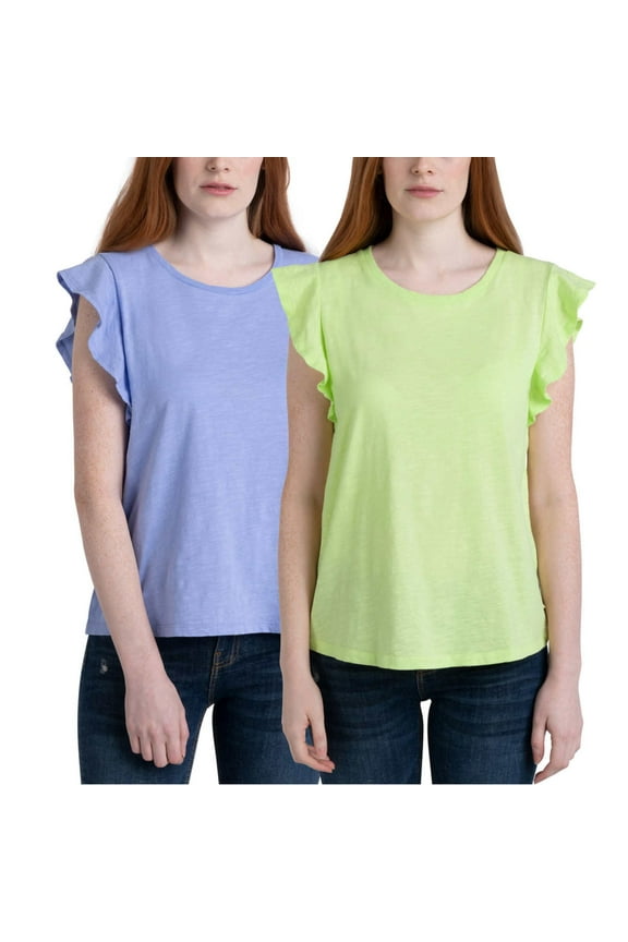 Ecothreads Women's 2-pack Flutter Sleeve T-Shirt Soft Organic Cotton Tee Top-Blue / XL