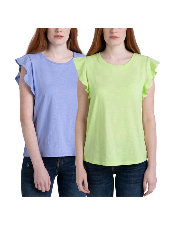 Ecothreads Women's 2-pack Flutter Sleeve T-Shirt Soft Organic Cotton Tee Top-Blue / XXL