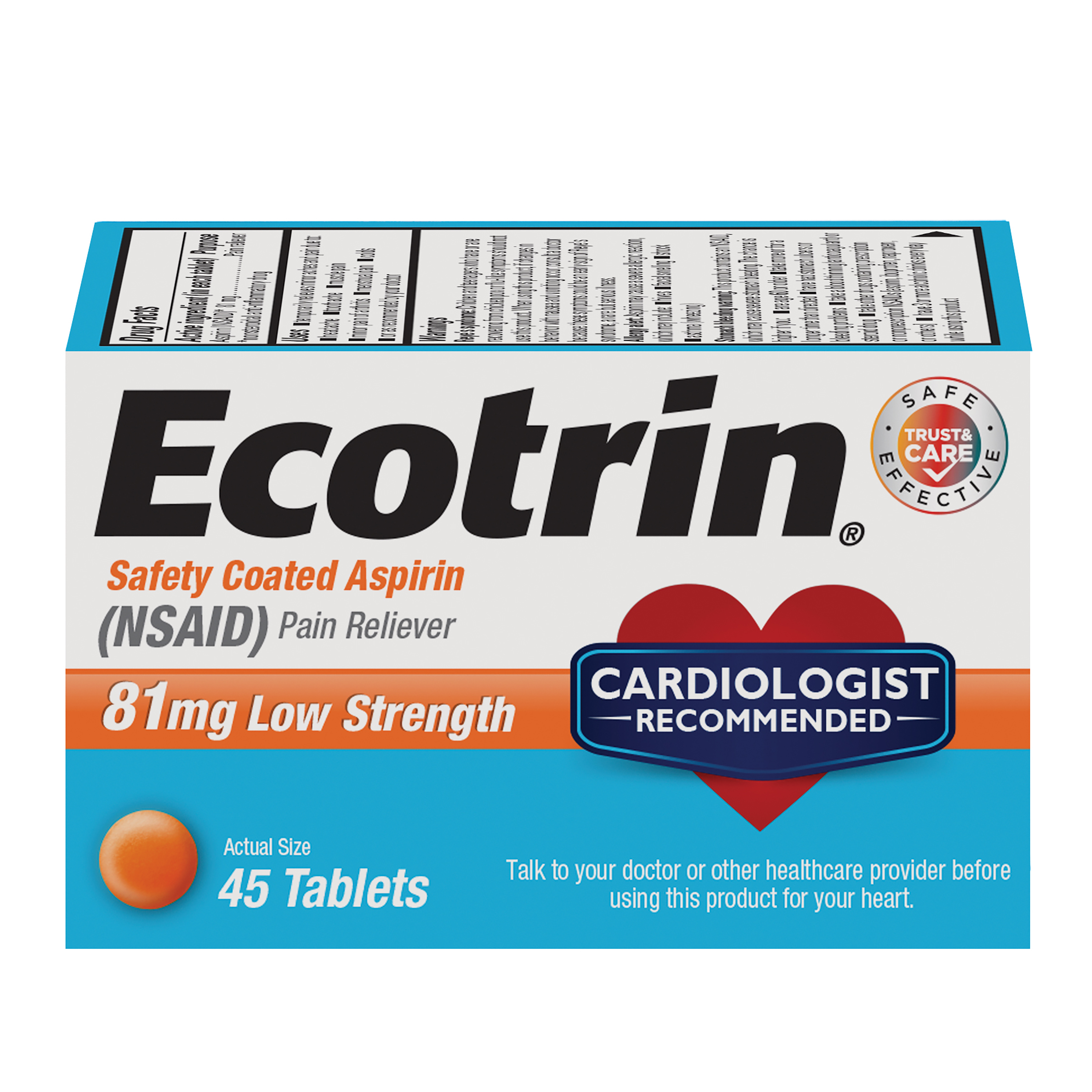 Ecotrin Low Strength Safety Coated Aspirin, NSAID, 81mg, 45 Tablets - image 1 of 4