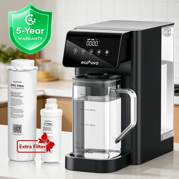 Ecoviva EM5 Countertop RO Water Filter, 8-Stage RO with Alkaline Mineralization, 40oz Glass Pitcher, Compact, Installation-Free, 13.6" x 12.4" x 6.8", Home & RV, with Extra PPC&C Filter