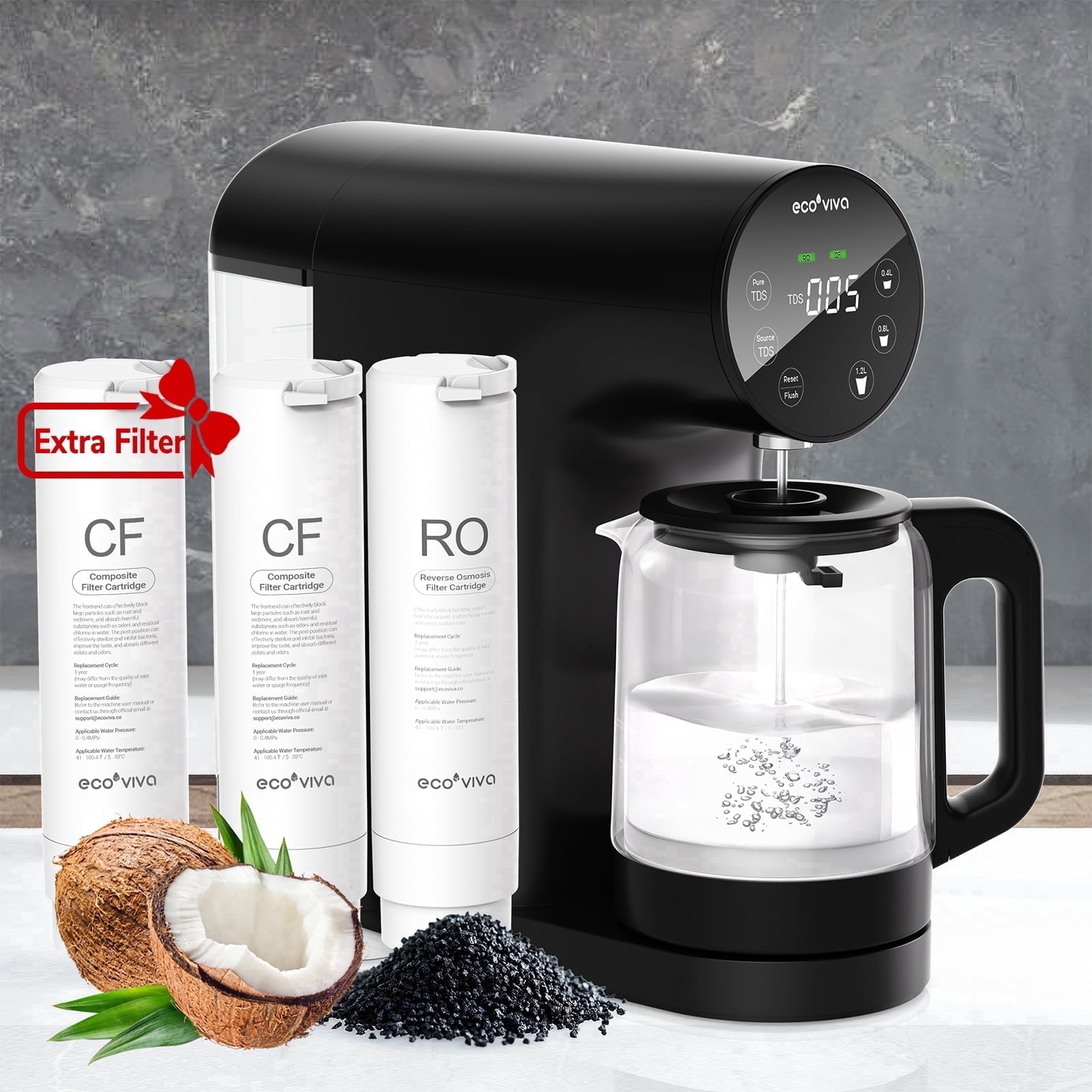 Ecoviva ER200 Countertop RO Water Filter with Extra CF Filter, No ...