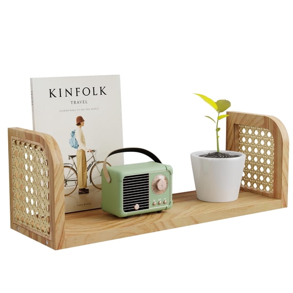 Ecowillon 17 Inch Rattan Wall Shelf, Wooden Hanging Bookshelf Storage, Natural Cute Nursery Shelves Wall Mounted, Boho Decorative Floating Shelves for Kids Room, Living Room, Play Room, Bedroom