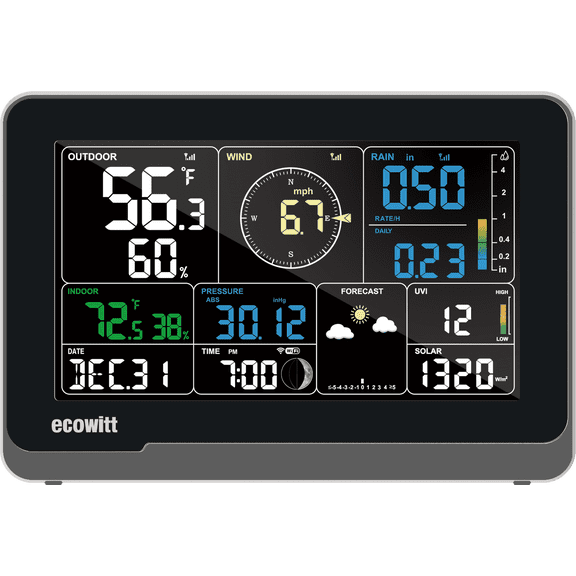 Ecowitt WS3900 Weather Station Console, Built-In 3-in-1 Temperature, Humidity and Barometric Pressure Sensor, 7.5-Inch LCD Display