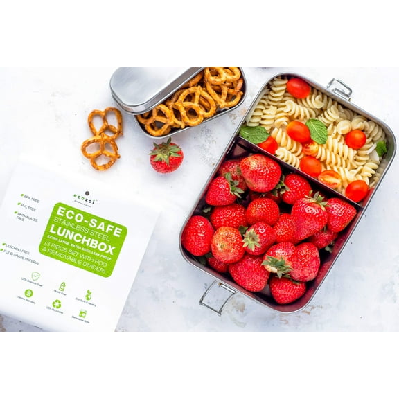 Ecozoi Stainless Steel Lunch Box, Leak Proof 1-Tier Eco Metal Bento Box with Bonus POD | Sustainable Zero Waste Eco Friendly Tiffin Food Storage Container