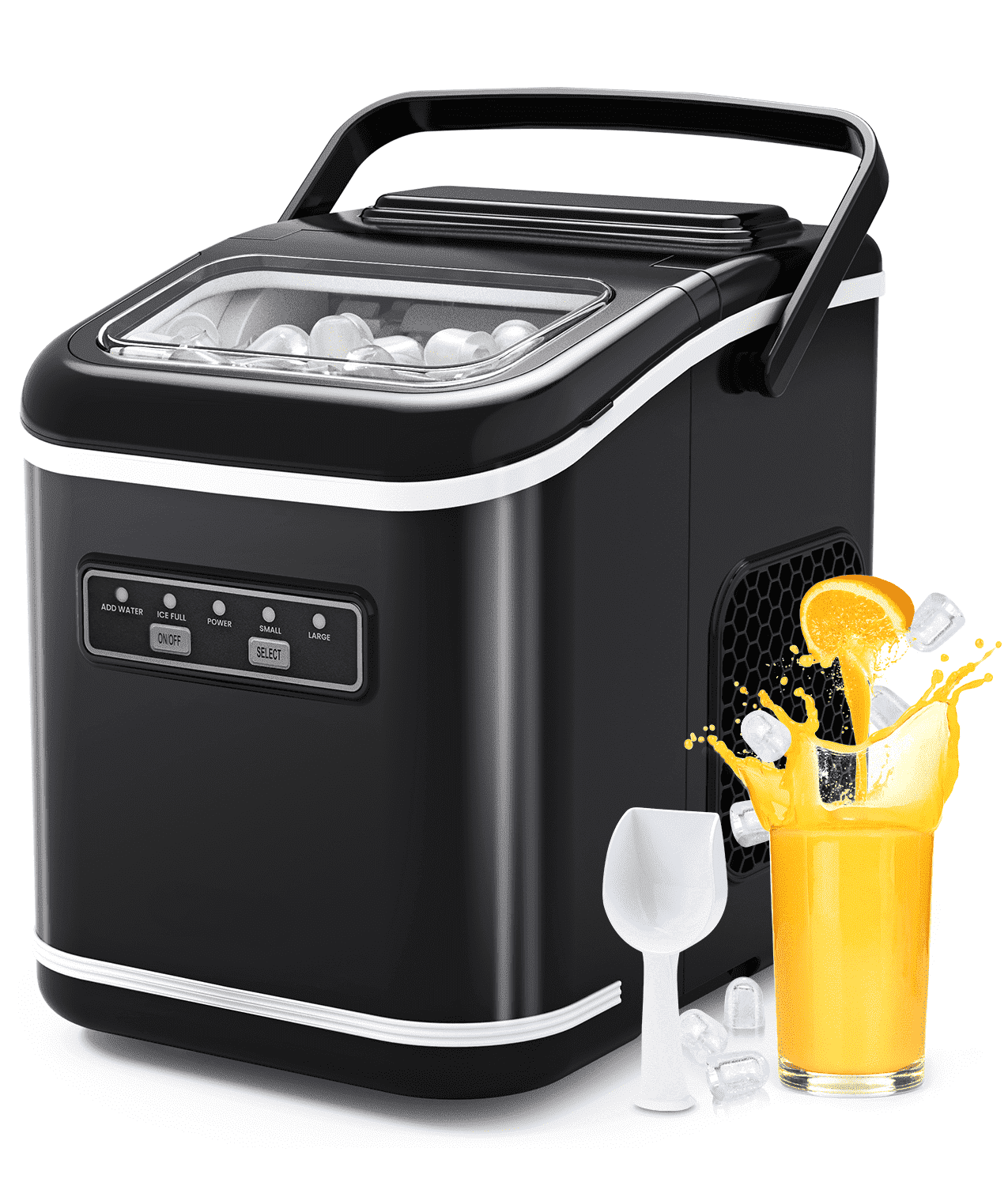 Ecozy Chillio Countertop Ice Maker, Portable, Self-Clean, 9 Bullets in 6 Mins, 26lbs/24H. Includes Handle, Basket & Scoop