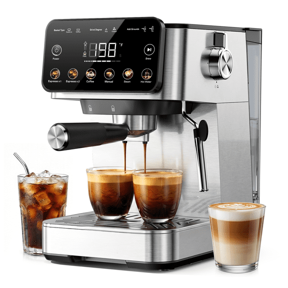 Ecozy Chillio Espresso Machine & Coffee Maker Combo with Milk Frother, Guided Touchscreen, Lattes, Cappuccinos & Americanos, Stainless Steel