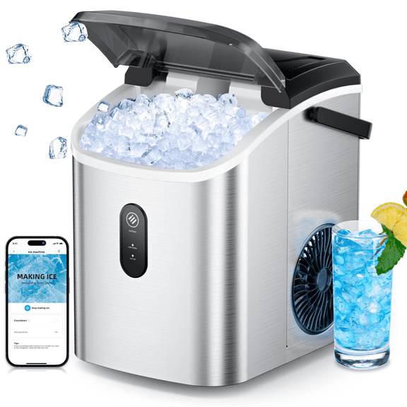 Ecozy Chillio Nugget Ice Maker Countertop, Smart Portable Pellet Ice Maker with Voice Control, Chewable Ice 33lbs/24H, Self-Cleaning, with APP WiFi, for Home/Travel/Office/Party