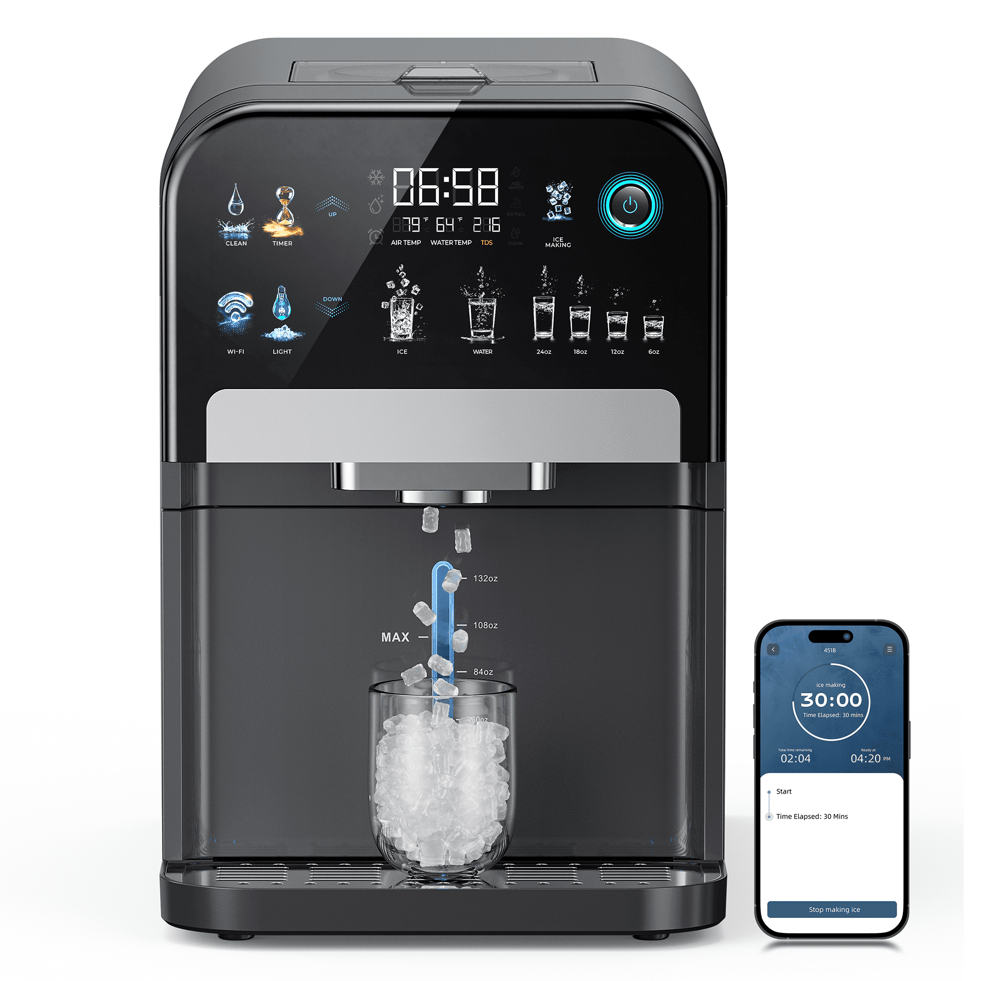 Ecozy Chillio 2-in-1 Nugget Ice Maker & Water Dispenser with Smart App, Self-Cleaning, Auto Lighting, TDS Monitor, Measured Dispensing, 33Lbs/24H