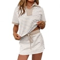 thumbnail image 1 of Ecqkame 2 Piece Sets for Women Casual Striped Print Turndow Collar Short-Sleeved Top Drawstring Short Skirt Vacation Workout Outfits Khaki L, 1 of 7