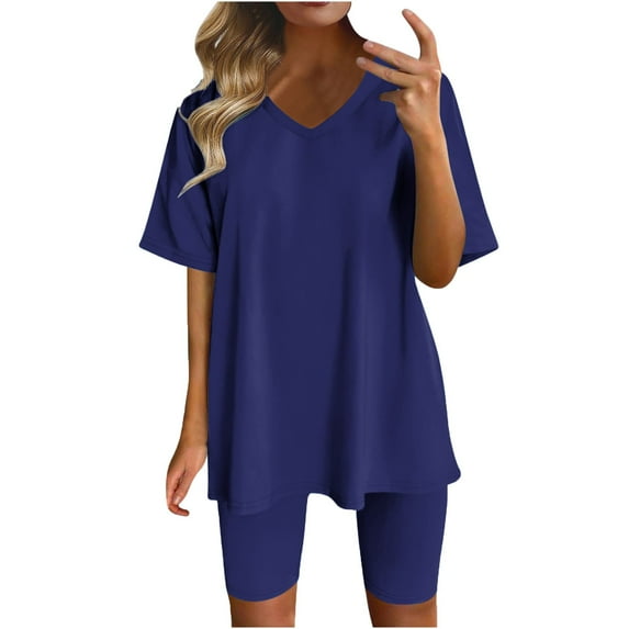Ecqkame 2 Piece Sets for Women Solid Color Summer Loose Short Sleeve T-Shirt Pullover Tops Shorts Sets Womens Sets Blue M on Clearance
