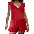 thumbnail image 1 of Ecqkame 2 Piece Sets for Women Summer Loose Casual Solid Color Built-In Bra Ruffled Shorts Vacation Outfits Womens Outfits Red C M on Clearance, 1 of 8