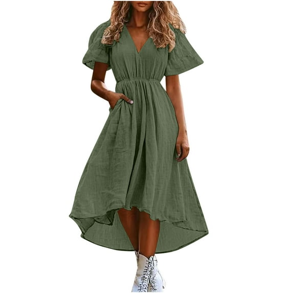 Ecqkame 2025 Summer Women's Long Dress Fashion Casual Solid Color Vacation Dress Loose Flowy Trendy Large Hem Short Sleeve V Neck Dresses with Pockets 02-Army Green XL