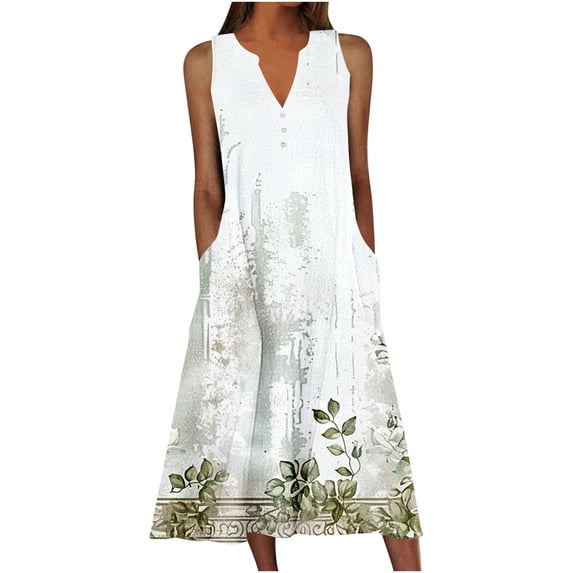 Ecqkame 2025 Women's Casual Beach Dress Summer Floral Print V Neck Sleeveless Dress Loose Fashion Sundress with Pockets 02-White-C XXXL