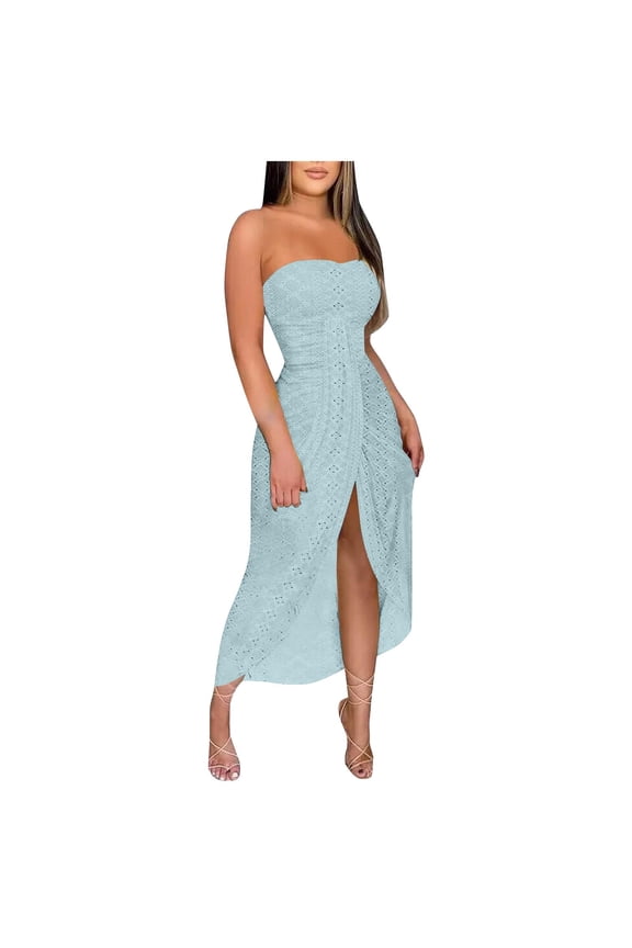 2025 Women's Long Formal Dress Sexy Split Sleeveless Off Shoulder Solid Color Dresses Hollow Out Wrap Chest Flowy Dresses Light Blue S