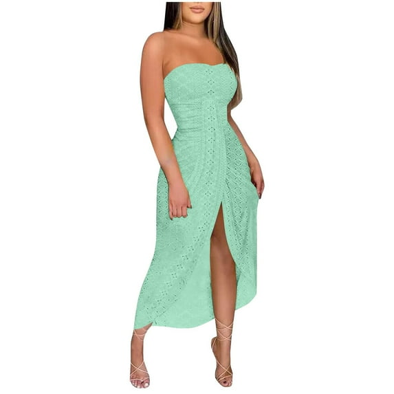 Ecqkame 2025 Women's Long Formal Dress Sexy Split Sleeveless Off Shoulder Solid Color Dresses Hollow Out Wrap Chest Flowy Dresses Mint Green XL