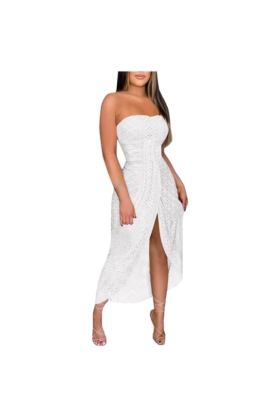 2025 Women's Long Formal Dress Sexy Split Sleeveless Off Shoulder Solid Color Dresses Hollow Out Wrap Chest Flowy Dresses White XXL